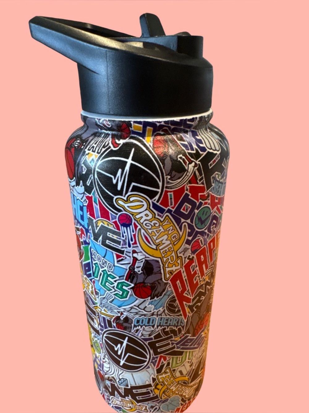 Stickered Stainless Water Bottle with Black Flip Lid